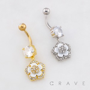 MULTI CZ STAR 5 PETALS FLOWER DANGLE BELLY BUTTON NAVEL RING 316L SURGICAL STEEL
